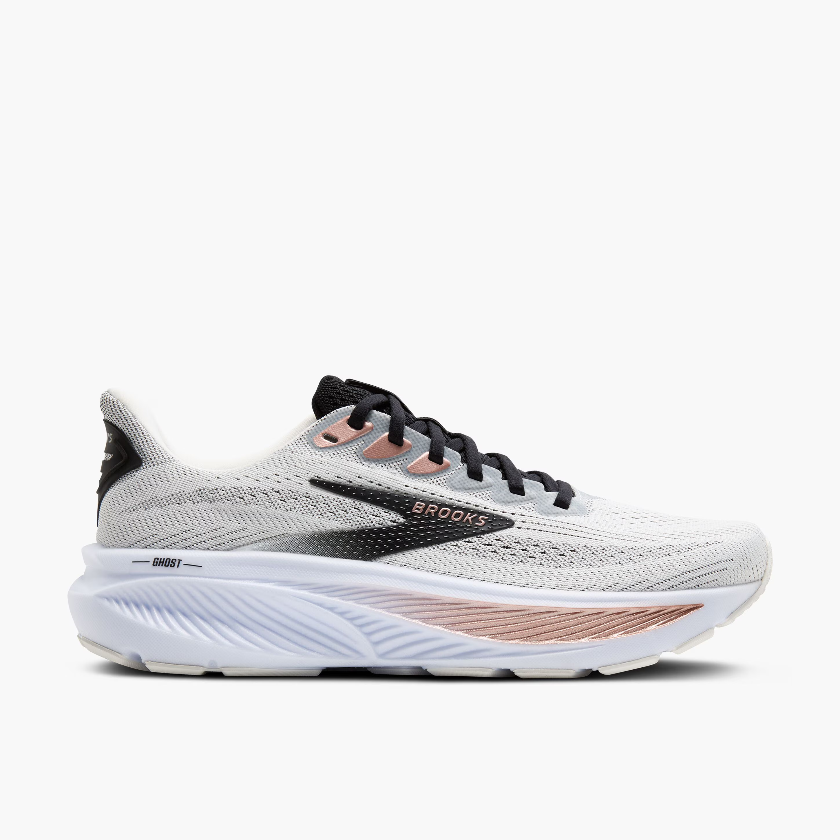 Women's Brooks Ghost 17 Road Running Shoe in White/Black/Rose Gold