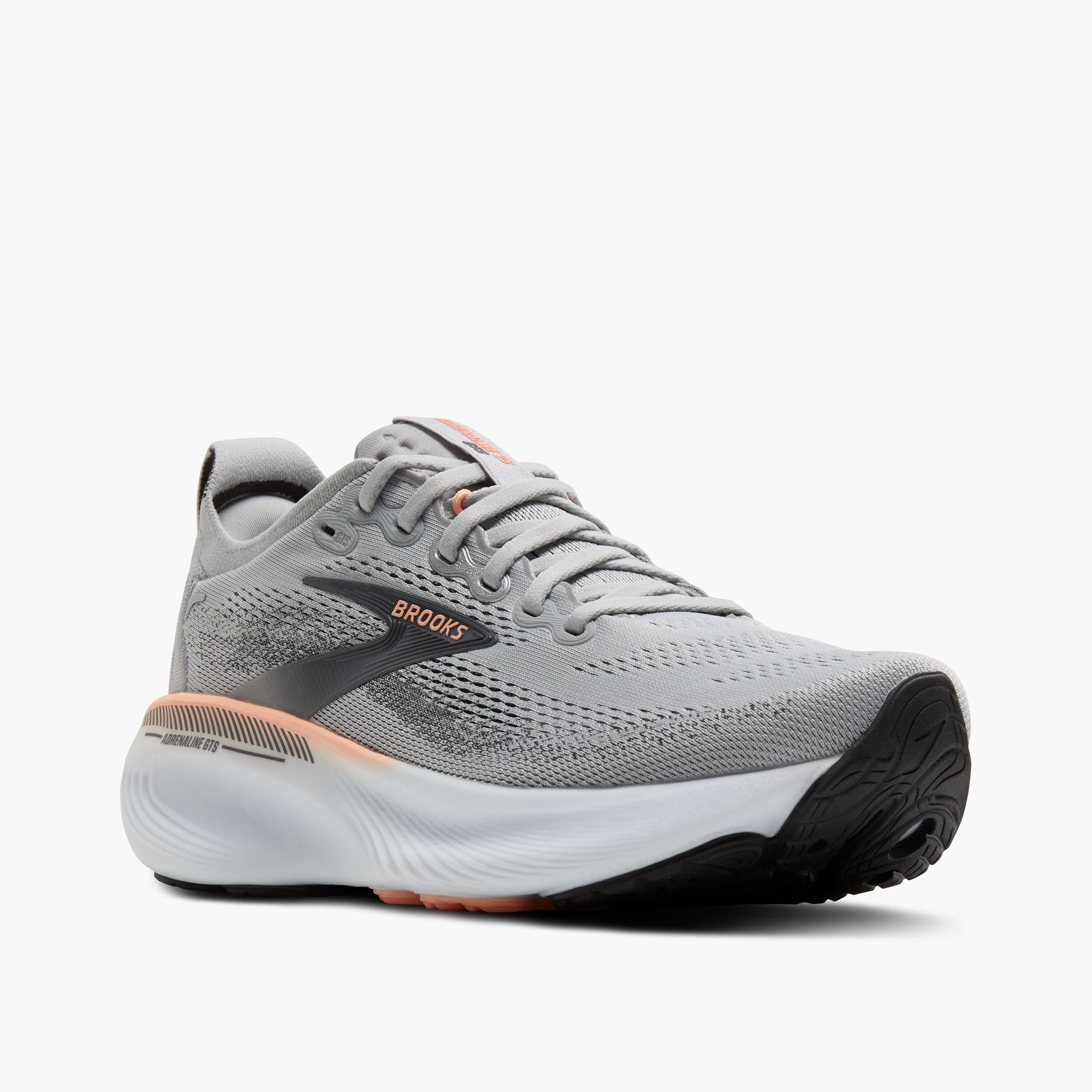 Women's Brooks Running Adrenaline GTS 25 Road Running Shoe in Grey/Blackened Pearl/Coral