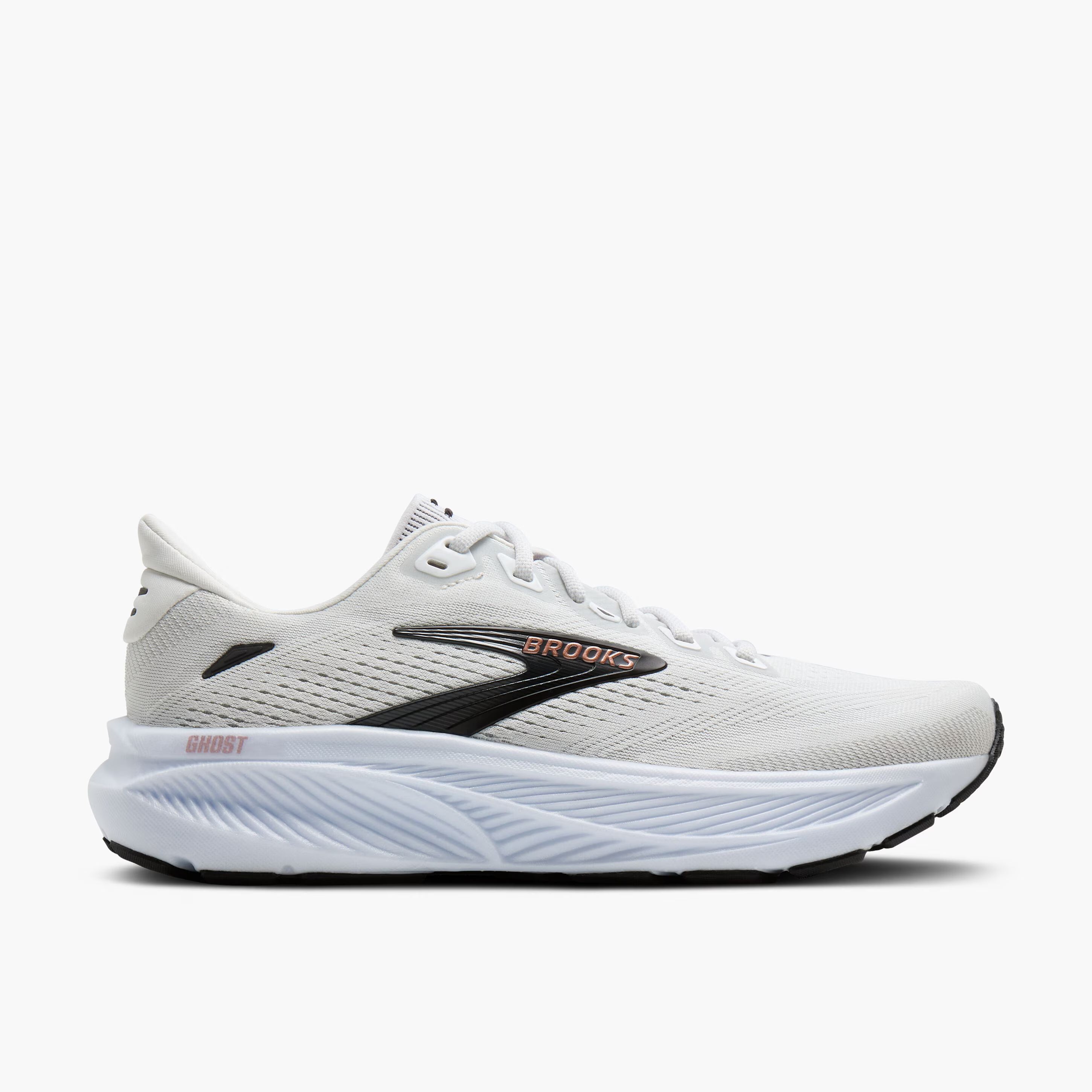 Women's Brooks Running Ghost 18 Road Running Shoe in White/Black/Rose Gold