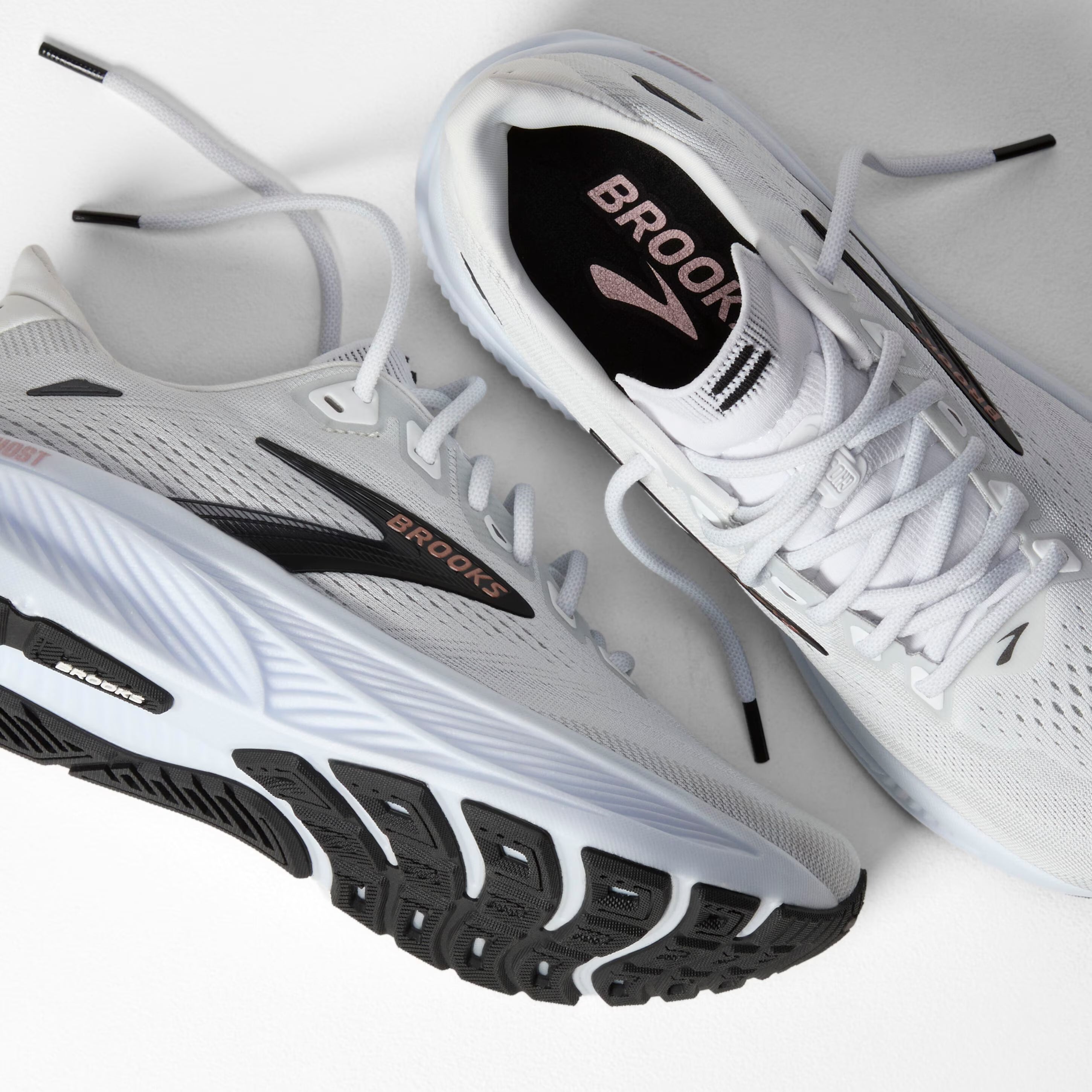 Women's Brooks Running Ghost 18 Road Running Shoe in White/Black/Rose Gold