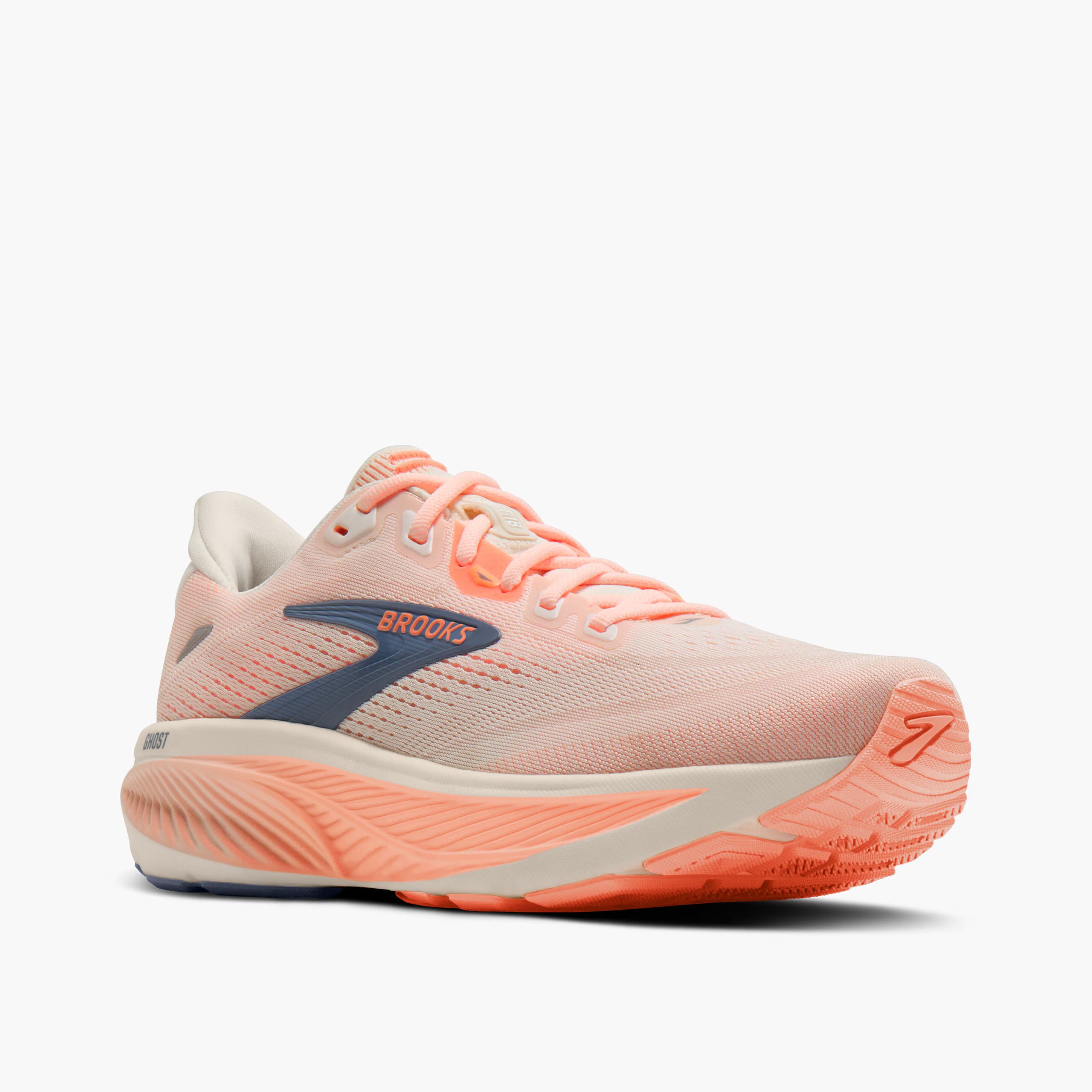 Women's Brooks Running Ghost 18 Road Running Shoe in Star White/Cyber Peach/Grey