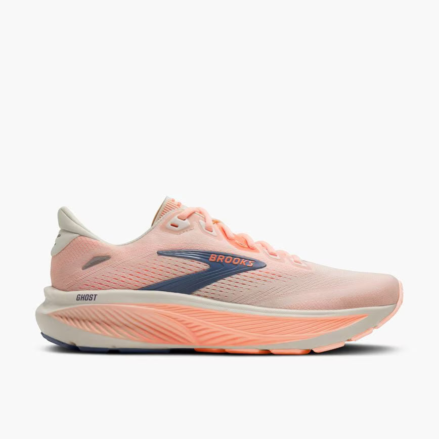 Women's Brooks Running Ghost 18 Road Running Shoe in Star White/Cyber Peach/Grey