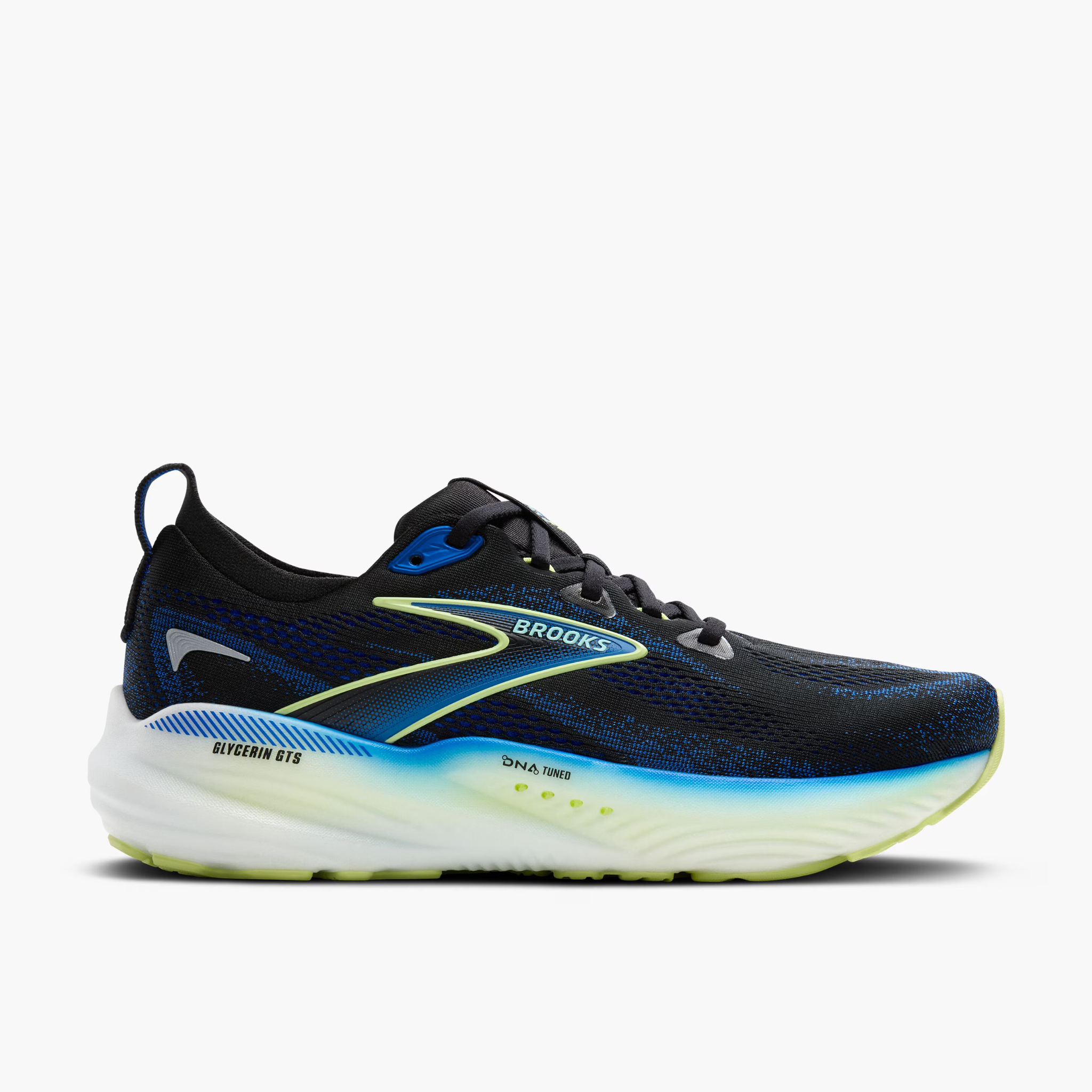 Men's Brooks Glycerin GTS 22 Road Running Shoe in Black/Cobalt/Neo Yellow
