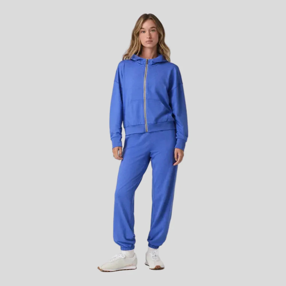 vuori Women's Halo Modern Full Zip Hoodie in Bright Iris Heather