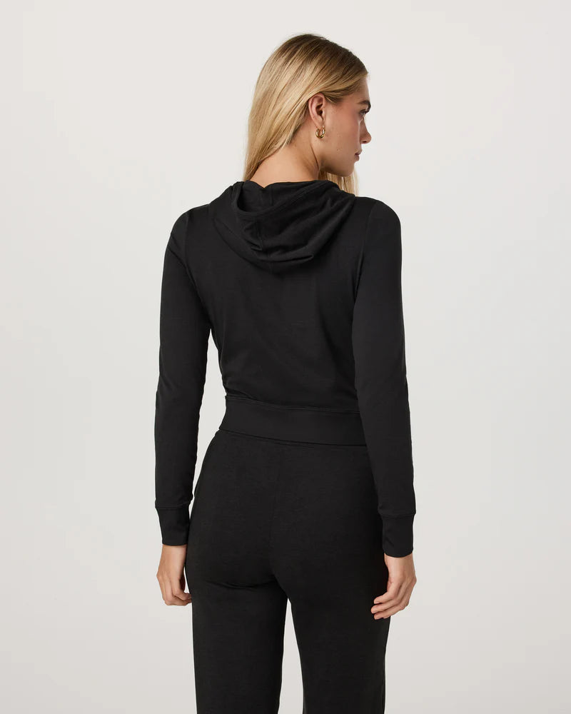 vuori Women's Halo Mini Full Zip Hoodie in Black Heather