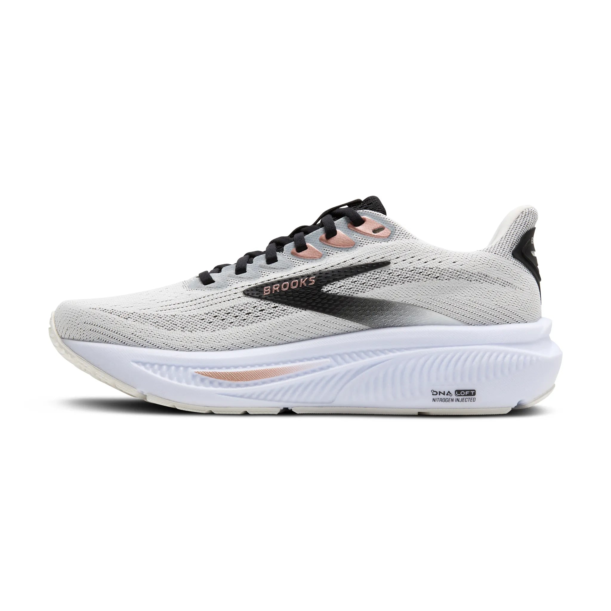 Women's Brooks Ghost 17 Road Running Shoe in White/Black/Rose Gold