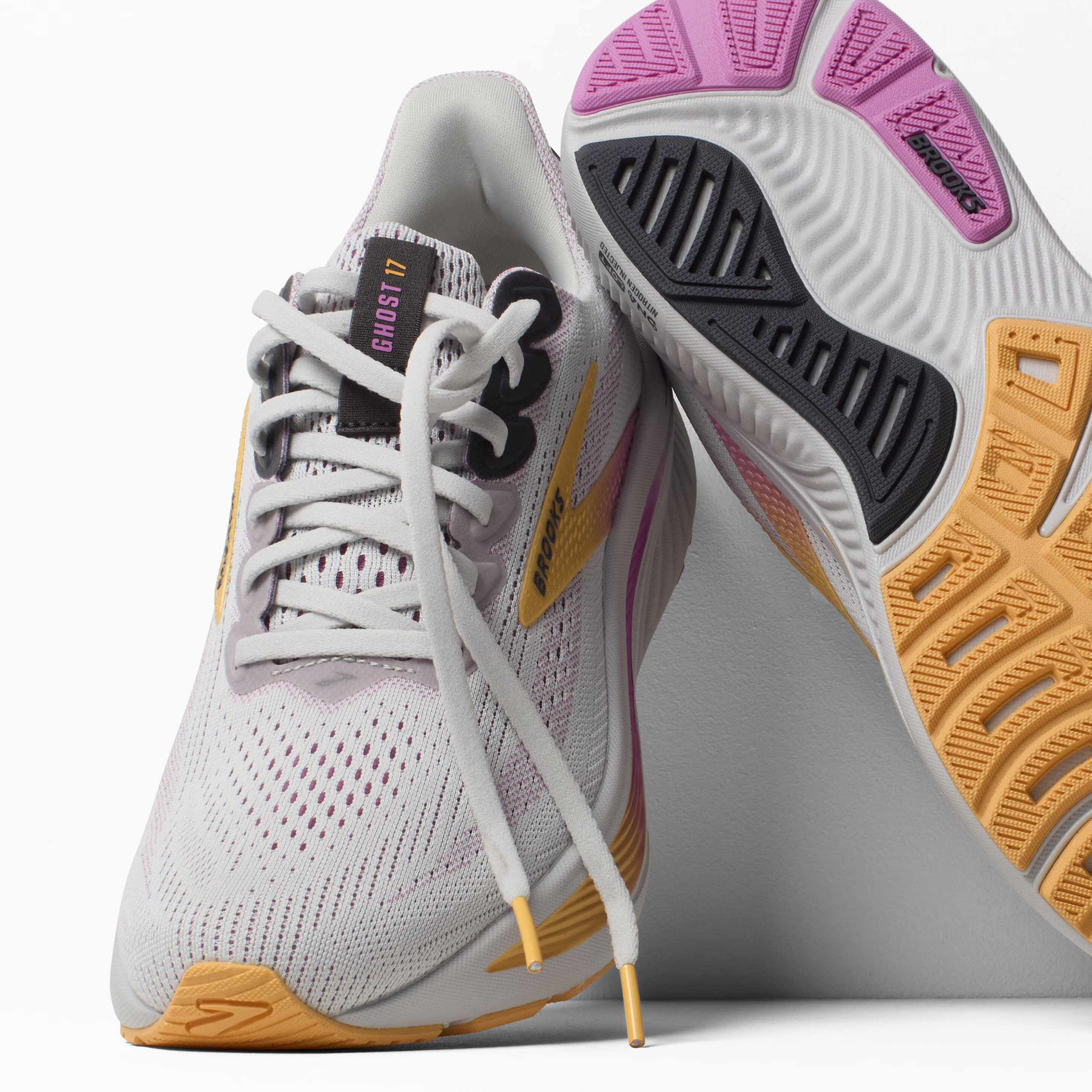 Women's Brooks Ghost 17 Road Running Shoe in Oyster/Apricot/Pink