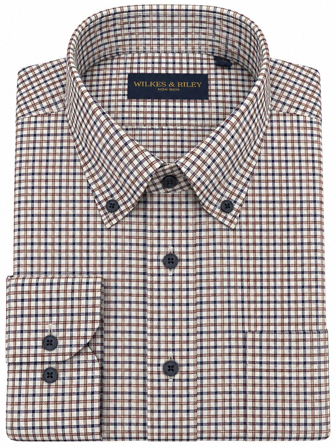 Wilkes & Riley Tan and Navy Check Brushed Twill Button-Down Collar Sport Shirt