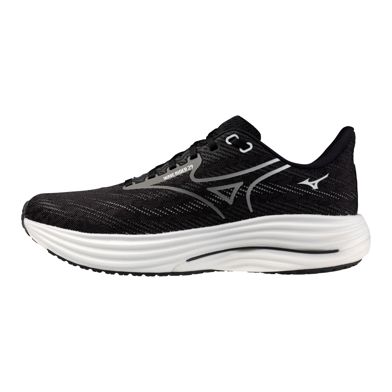 Women's Mizuno Wave Rider 29 Running Shoe in Black Sand | White