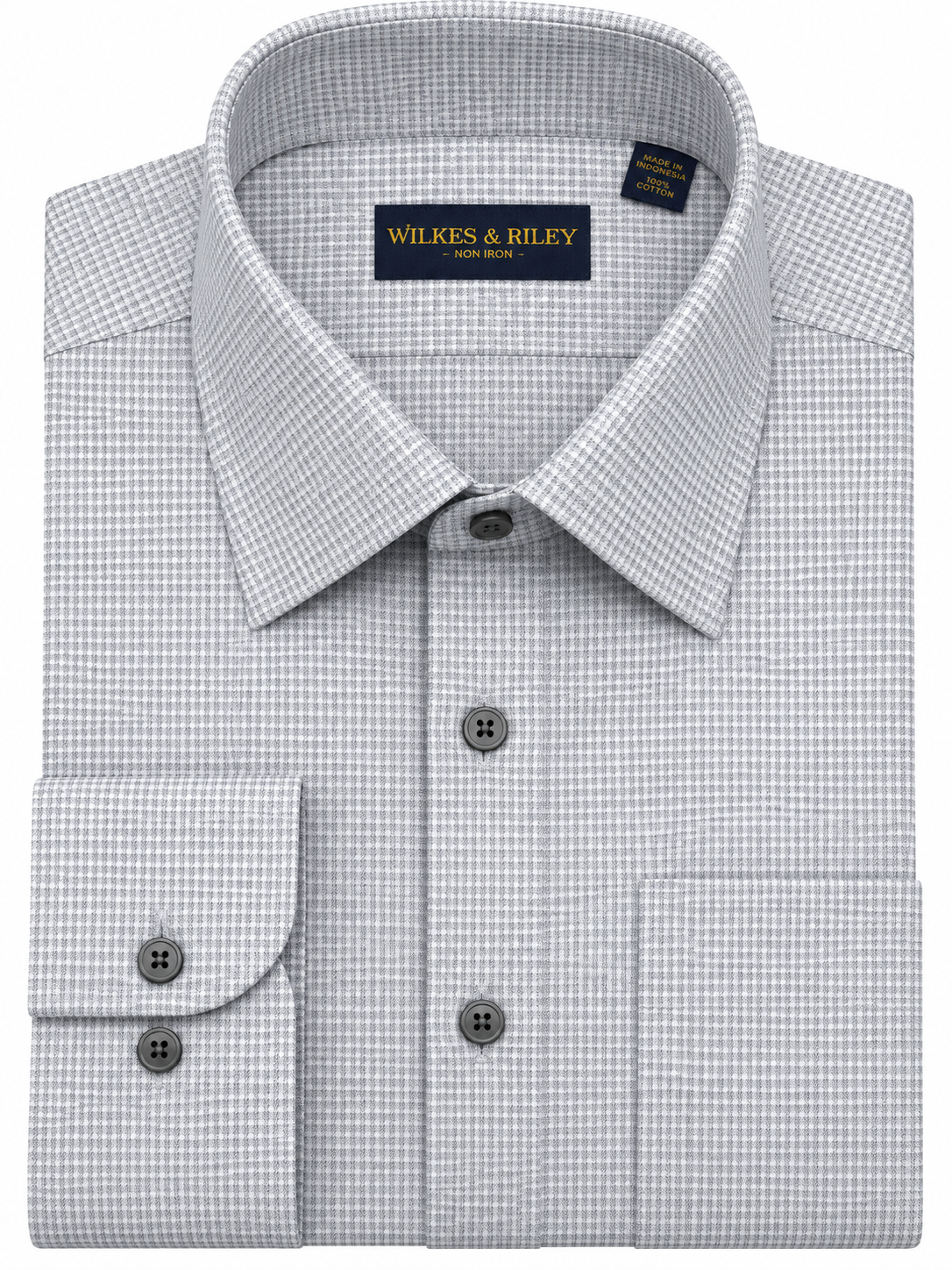 Wilkes & Riley Tailored Fit Grey Twill Micro Check Spread Collar Non-Iron Dress Shirt