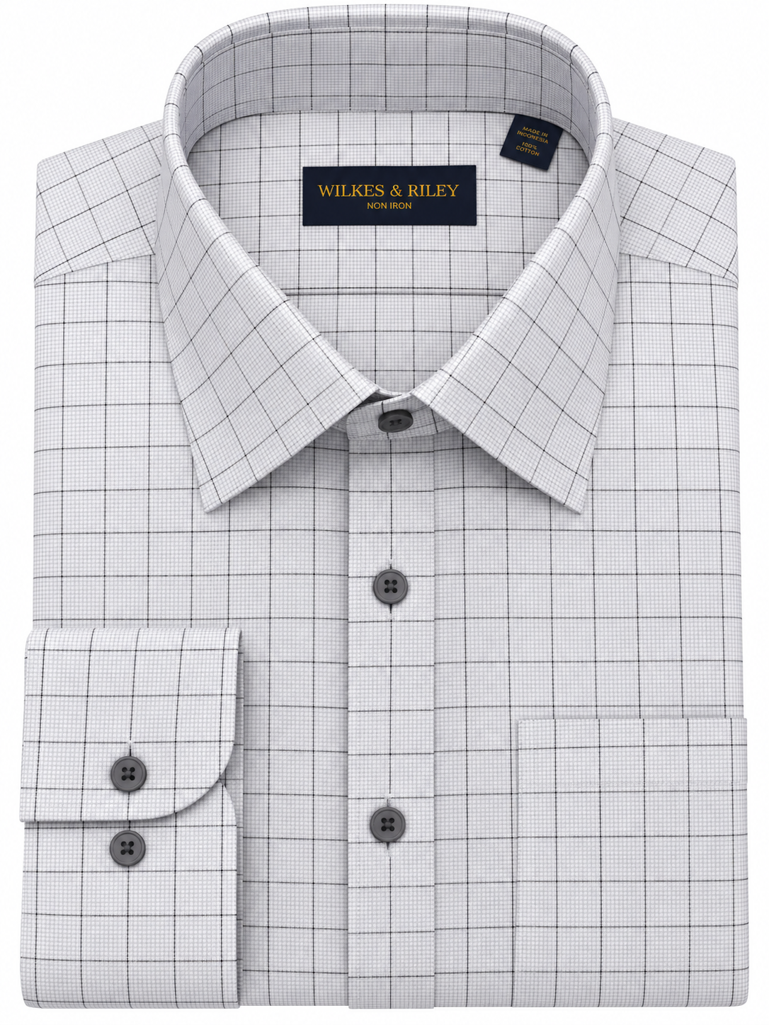 Wilkes & Riley Tailored Fit Grey Twill Broken Windowpane Dobby Spread Collar Non-Iron Dress Shirt