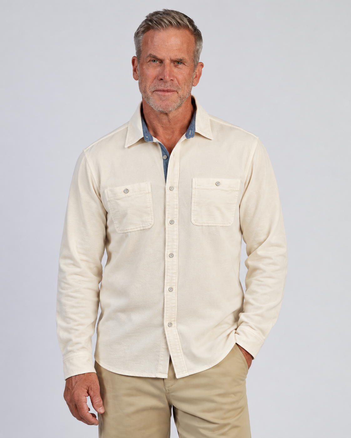 True Grit Long Sleeve Double Pocket Shirt Jacket in Vintage Chalk