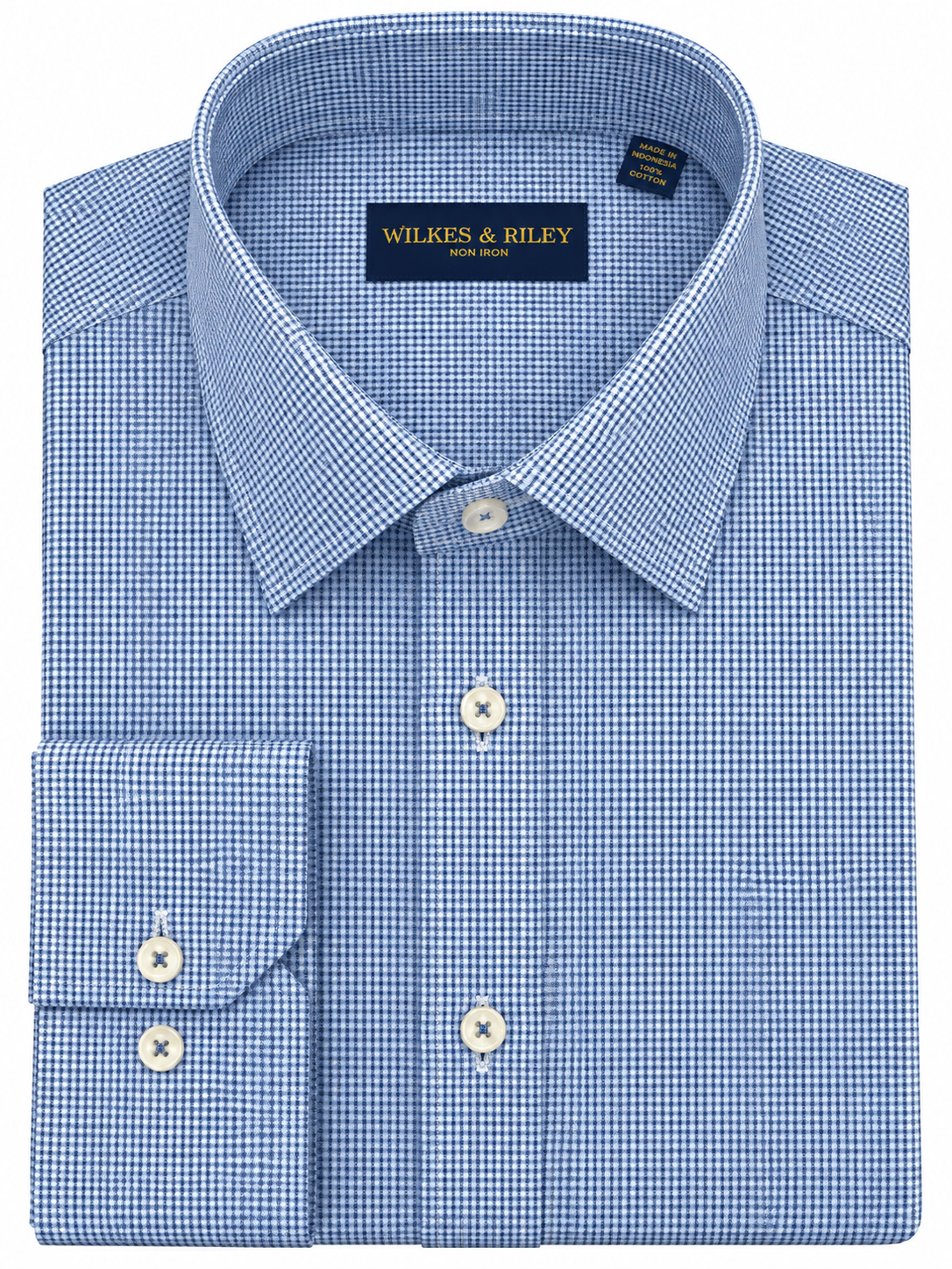 Wilkes & Riley Tailored Fit Navy Microcheck Spread Collar Non-Iron Broadcloth Dress Shirt