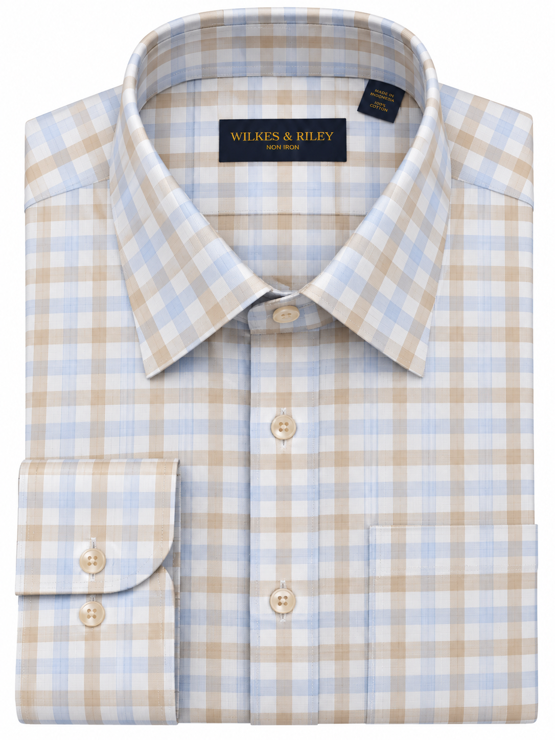 Wilkes & Riley Tailored Fit Sand and Lt Blue Windowpane Spread Collar Non-Iron Dress Shirt