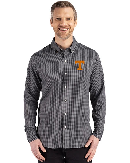 Tennessee Cutter & Buck Skyline Eco Gingham Button Up Shirt in Charcoal