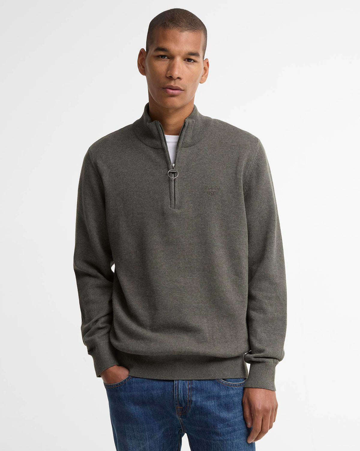 Barbour Cotton Quarter-Zip Jumper in Olive Marl