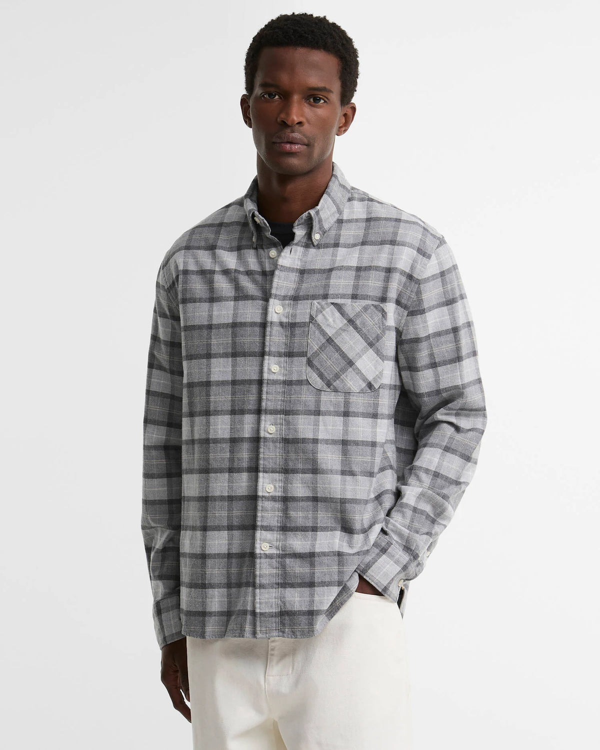 BarbourMineral Tartan Authentic-Fit Long-Sleeved Shirt in Ice Granite