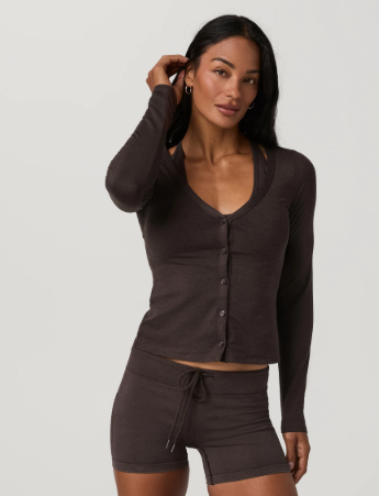 vuori Women's Long Sleeve Halo V-Neck Cardigan in Java Heather
