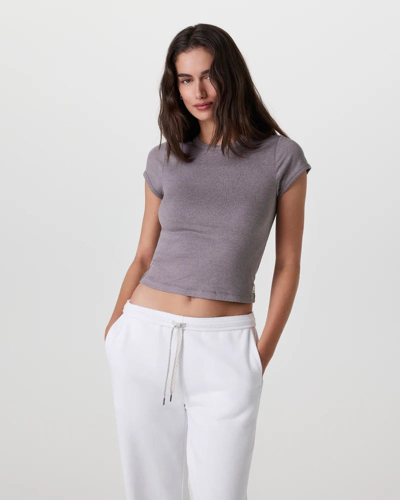 vuori Women's Halo Baby Tee in Lunar Grey Heather