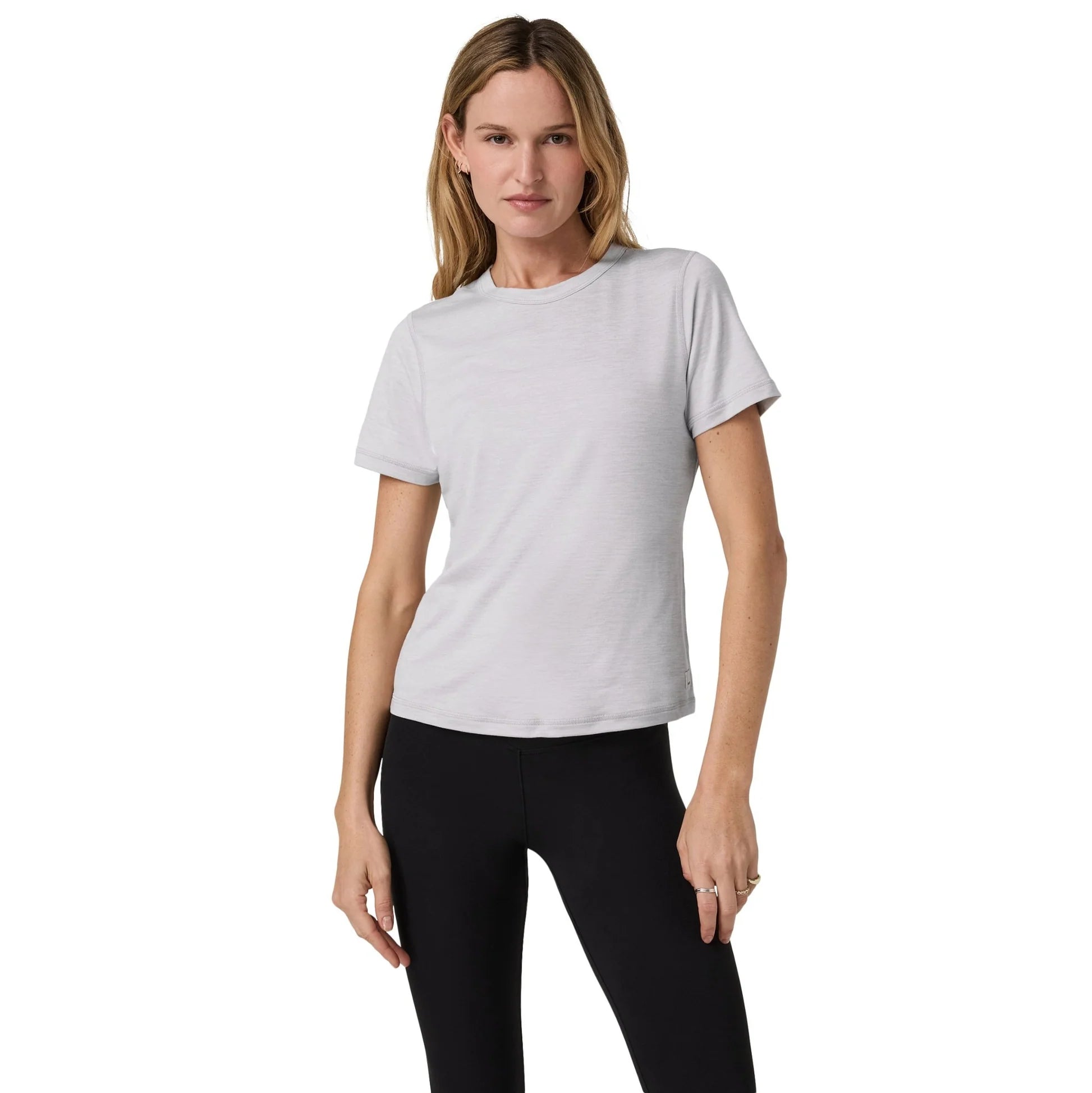 vuori Women's Short Sleeve Lux Tee in Light Heather Grey