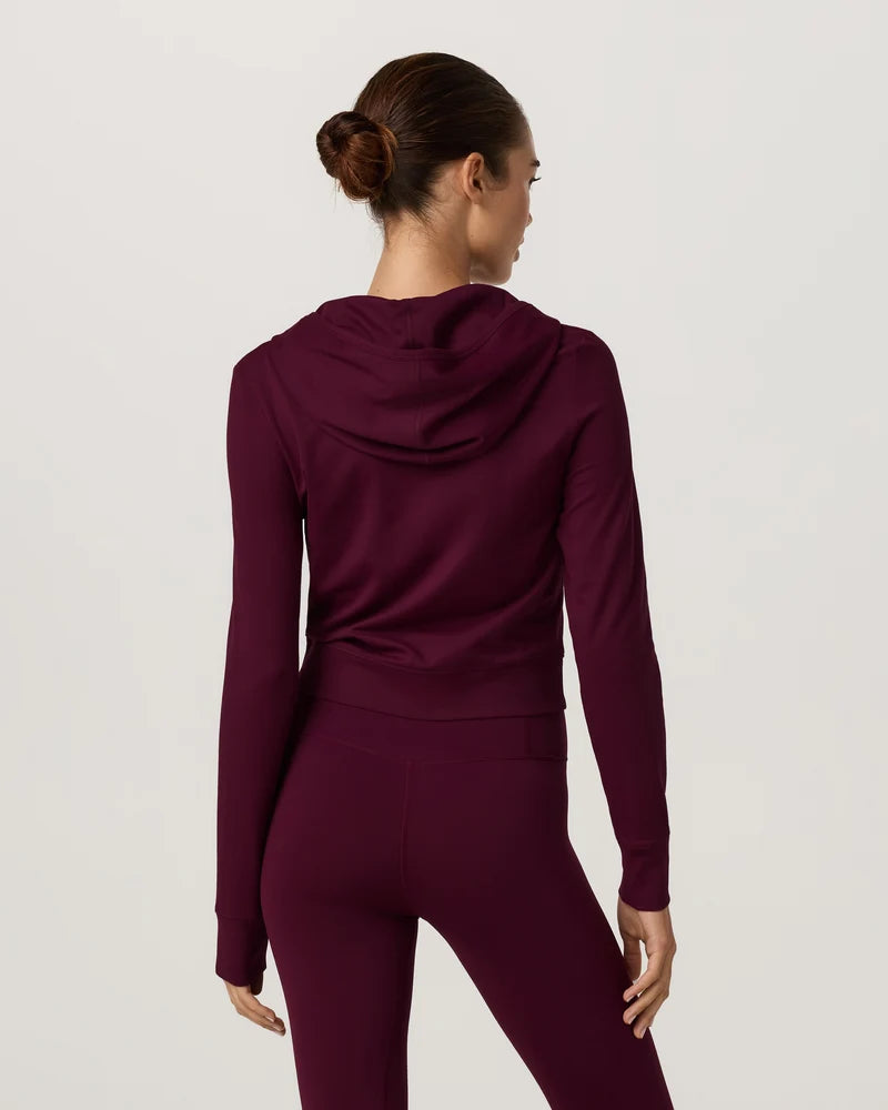 vuori Women's Halo Mini Full Zip Hoodie in Cherry Noir