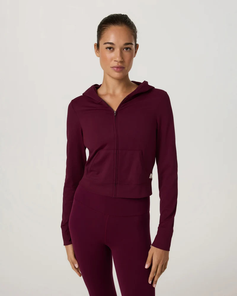 vuori Women's Halo Mini Full Zip Hoodie in Cherry Noir