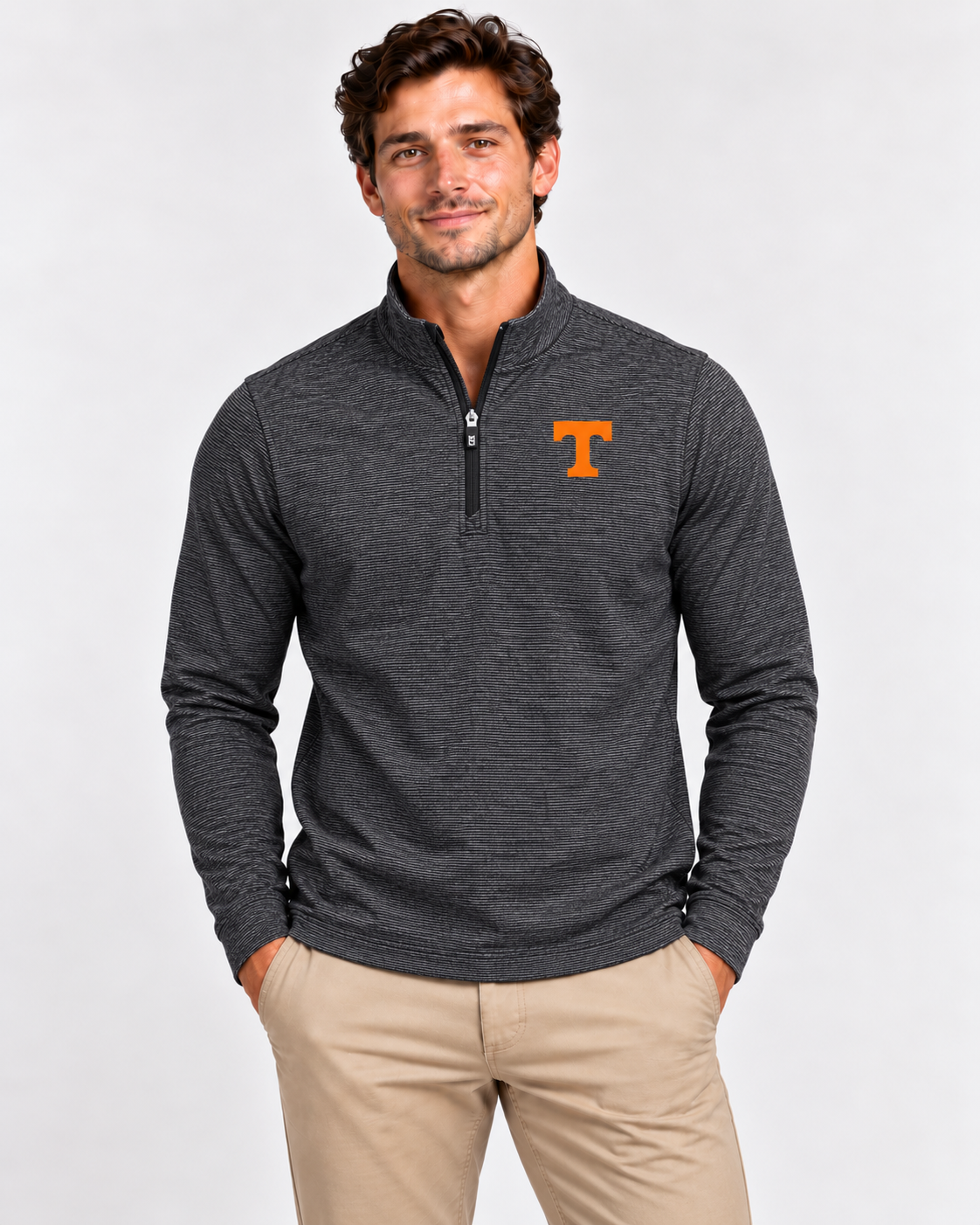 Tennessee Volunteers Cutter & Buck Adapt Eco Stripe Quarte Zip in Black Heather Stripe