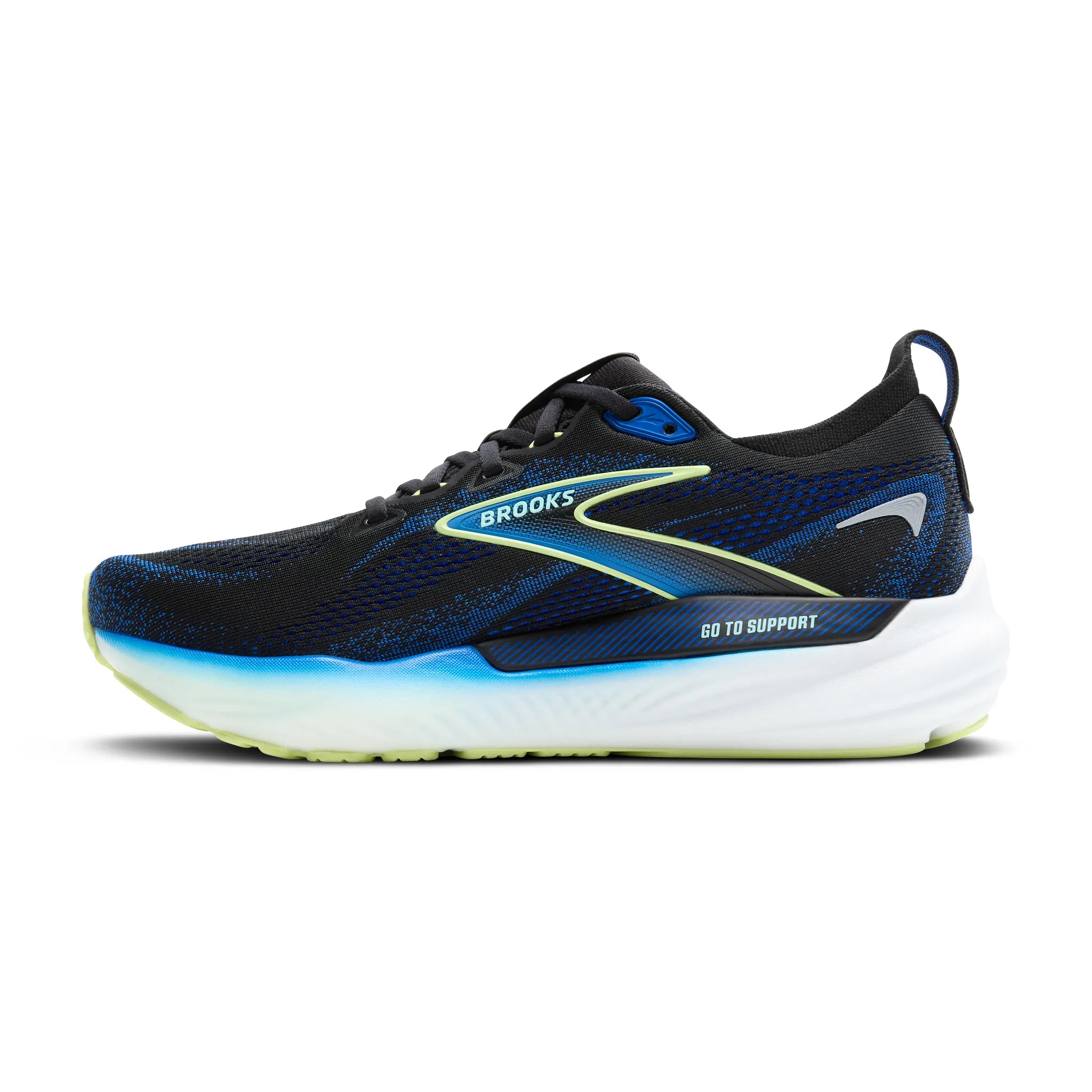 Men's Brooks Glycerin GTS 22 Road Running Shoe in Black/Cobalt/Neo Yellow