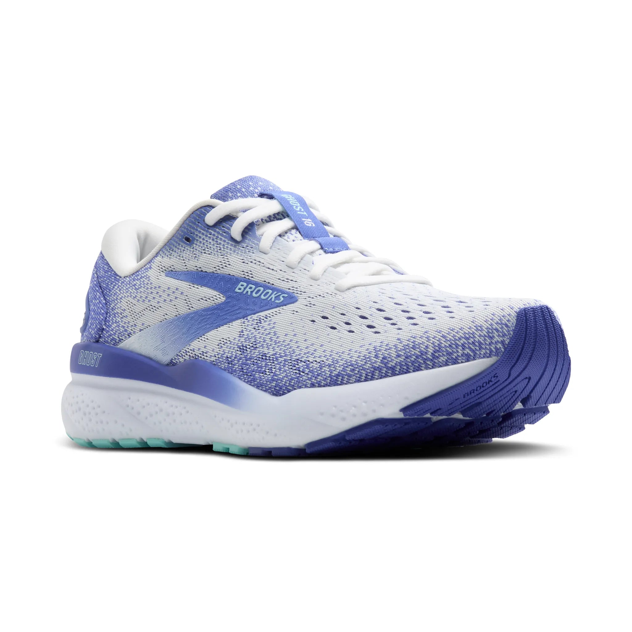Women's Brooks Ghost 16 Road Running Shoe in White/Amparo Blue/Limpet Shell