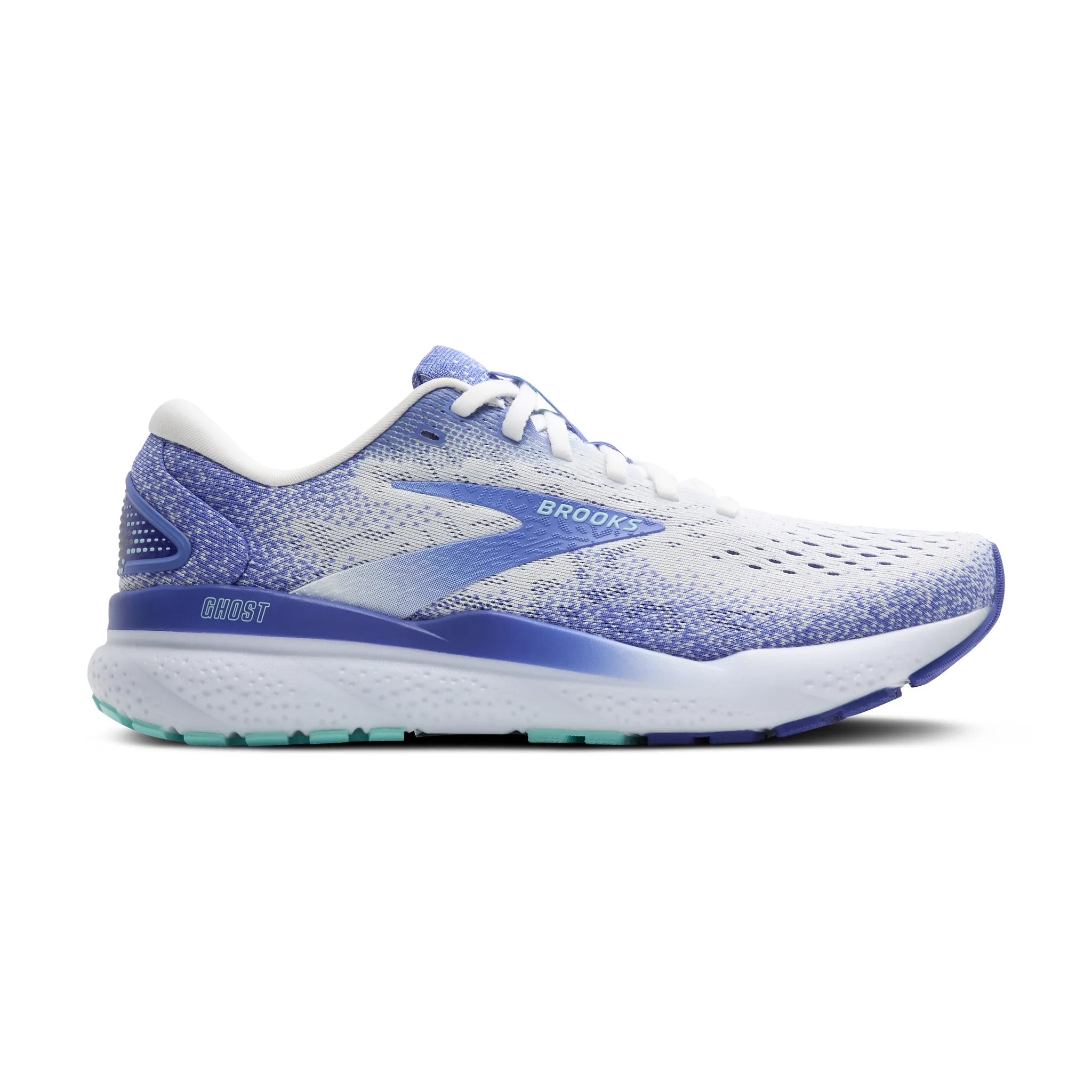 Women's Brooks Ghost 16 Road Running Shoe in White/Amparo Blue/Limpet Shell