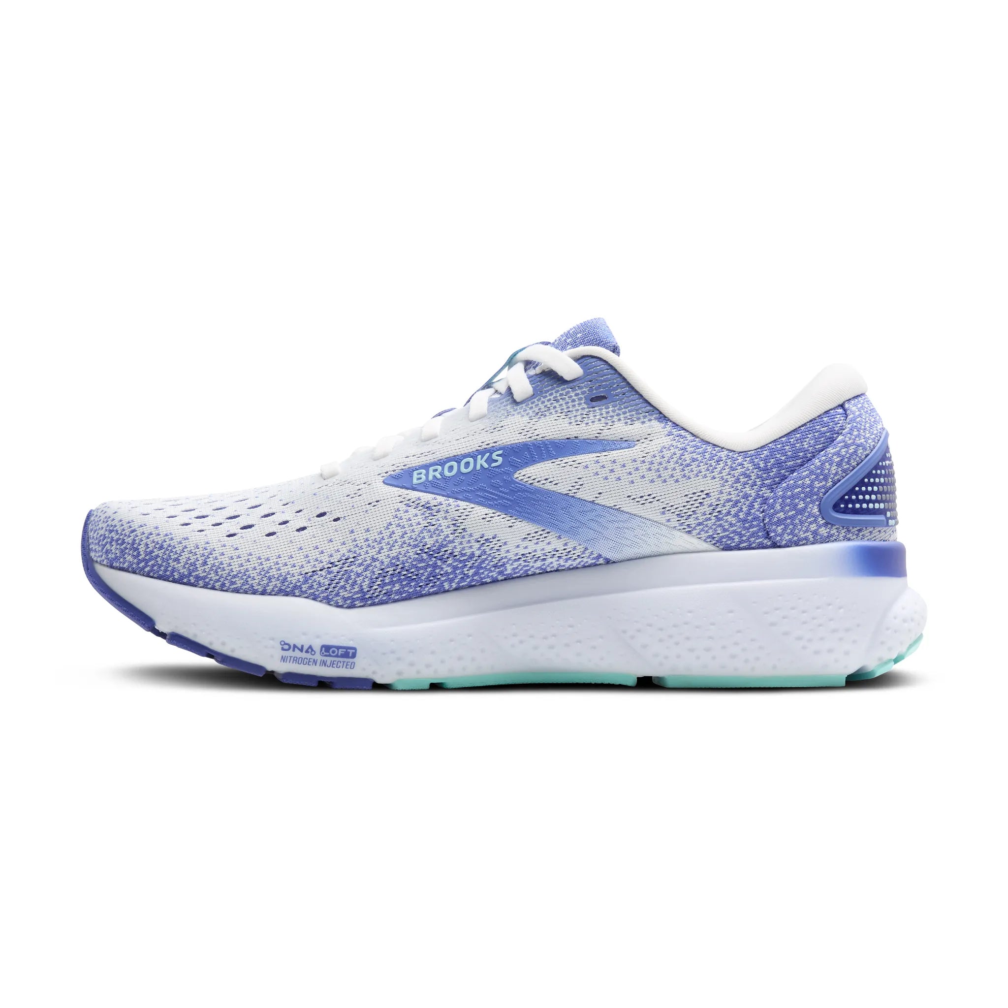 Women's Brooks Ghost 16 Road Running Shoe in White/Amparo Blue/Limpet Shell