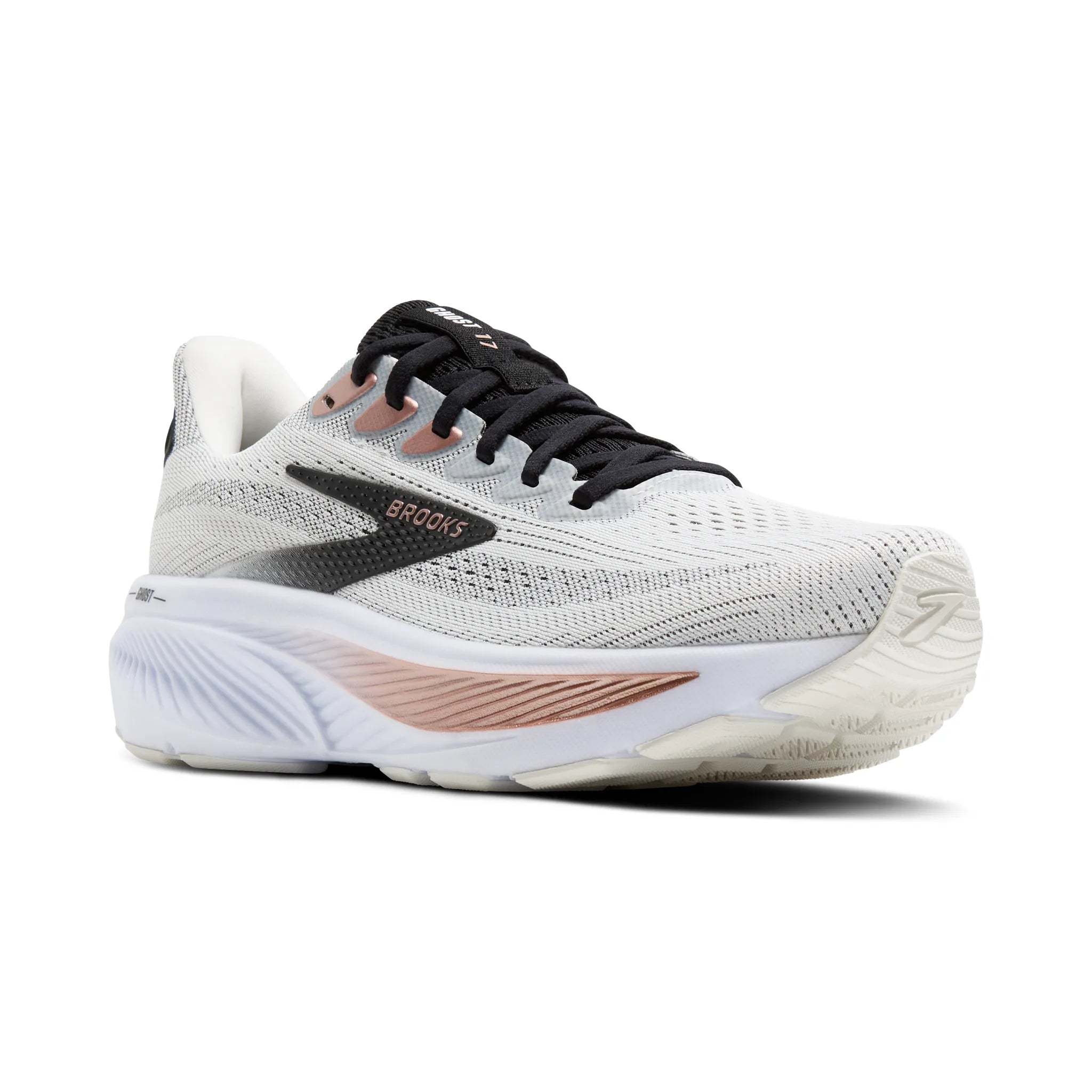 Women's Brooks Ghost 17 Road Running Shoe in White/Black/Rose Gold
