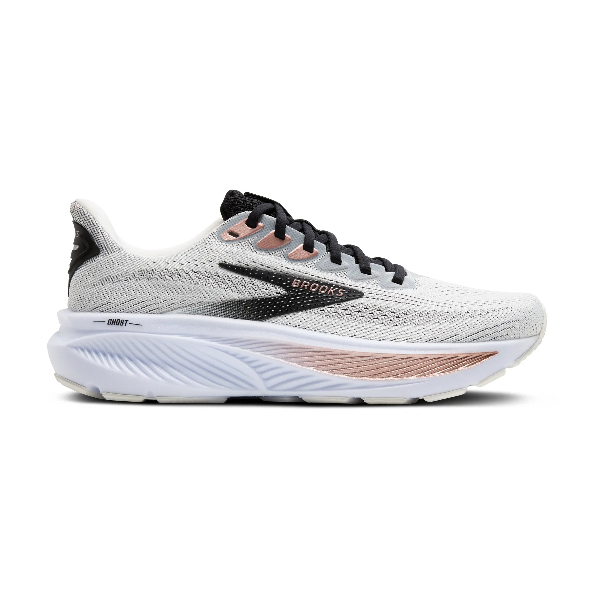 Women's Brooks Ghost 17 Road Running Shoe in White/Black/Rose Gold